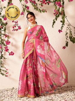Silk Land - Fruits Printed Cotton Tissue Ready To Wear Pink Saree with Unstitched Blouse