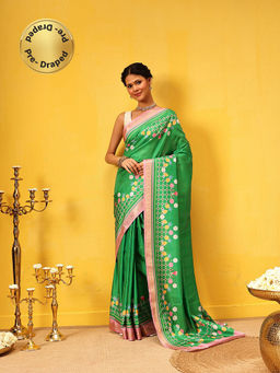 Silk Land - Printed Art Silk Ready To Wear Green Saree with Unstitched Blouse