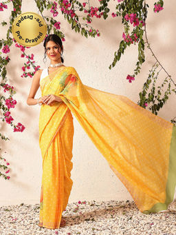 Silk Land - Digital Printed Soft Mul Cotton Ready To Wear Mustard Saree with Unstitched Blouse