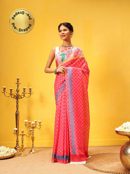 Silk Land - Digital Printed Soft Mul Cotton Ready To Wear Pink Saree with Unstitched Blouse