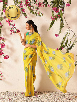 Silk Land - Digital Printed Soft Mul Cotton Ready To Wear Yellow Saree with Unstitched Blouse
