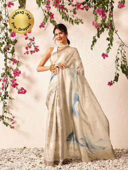 Silk Land - Cotton Zari Tissue Printed Ready To Wear Beige Saree with Unstitched Blouse
