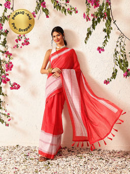 Silk Land - Cotton Blend Digital Print Ready To Wear Red Saree with Unstitched Blouse