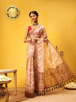 Silk Land - Block Print Cotton Ready To Wear Beige Saree with Unstitched Blouse