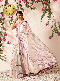 Silk Land - Chanderi Digital Printed Ready To Wear Burgundy Saree with Unstitched Blouse