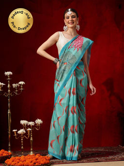 Silk Land - Women Teal Floral Pre-Draped Saree with Unstitched Blouse