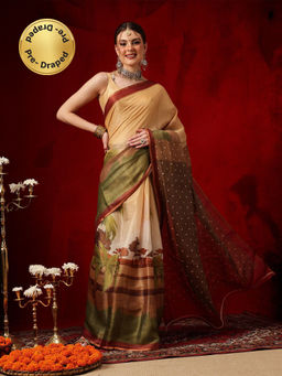 Silk Land - Women Multi-Color Floral Pre-Draped Saree with Unstitched Blouse