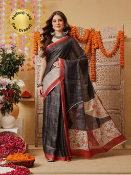 Silk Land - Women Grey Floral Pre-Draped Saree with Unstitched Blouse
