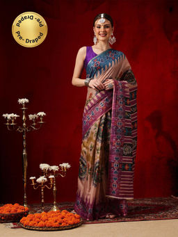 Silk Land - Women Beige Floral Pre-Draped Saree with Unstitched Blouse