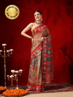 Silk Land - Women Red Floral Pre-Draped Saree with Unstitched Blouse