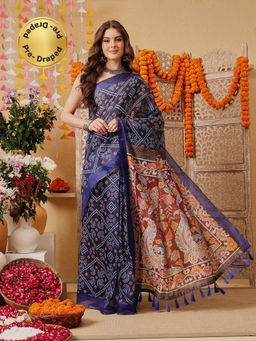 Silk Land - Women Blue Floral Pre-Draped Saree with Unstitched Blouse