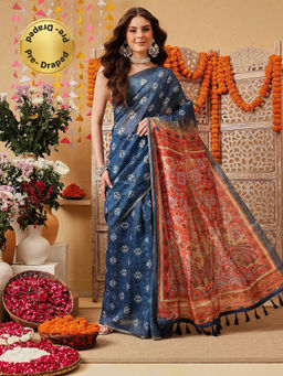 Silk Land - Women Blue Floral Pre-Draped Saree with Unstitched Blouse