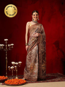 Silk Land - Women Multi-Color Floral Pre-Draped Saree with Unstitched Blouse