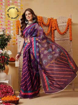 Silk Land - Women Purple Floral Pre-Draped Saree with Unstitched Blouse