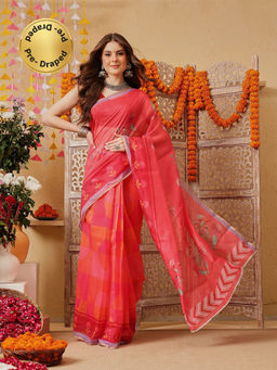 Silk Land - Women Pink Floral Pre-Draped Saree with Unstitched Blouse