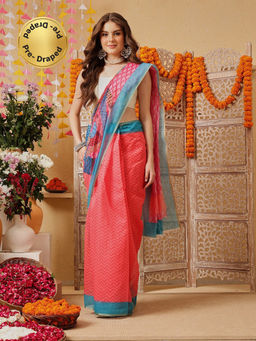 Silk Land - Women Pink Floral Pre-Draped Saree with Unstitched Blouse