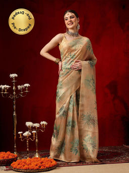 Silk Land - Women Beige Cotton Silk Floral Pre-Draped Saree with Unstitched Blouse