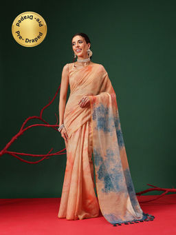 Silk Land - Tie- Die Printed Organza Pre- Draped Orange Saree with Unstitched Blouse