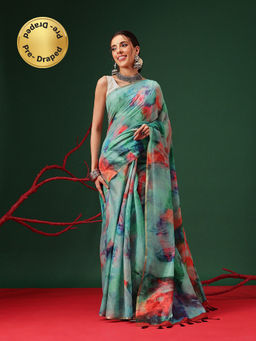 Silk Land - Tie- Die Printed Organza Pre- Draped Green Saree with Unstitched Blouse