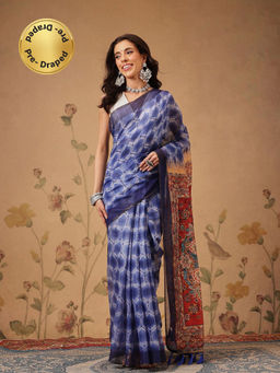 Silk Land - Indigo Prints with Kalamkari Pallu Pre-Draped Blue Saree with Unstitched Blouse