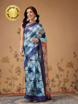 Silk Land - Indigo Prints with Kalamkari Pallu Pre-Draped Blue Saree with Unstitched Blouse