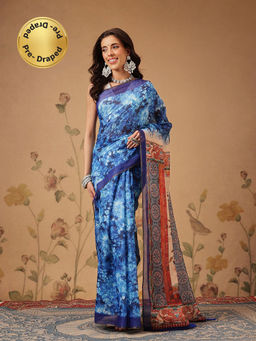 Silk Land - Indigo Prints with Kalamkari Pallu Pre-Draped Blue Saree with Unstitched Blouse