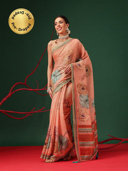 Silk Land - Floral Printed Chanderi Pre-Draped Peach Saree with Unstitched Blouse