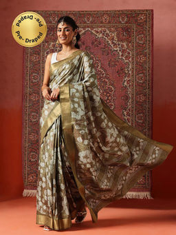 Silk Land - Women Olive Floral Printed Kotha Silk Ready To Wear Saree with Unstitched Blouse