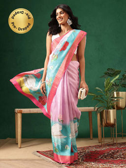 Silk Land - Women Pink Floral Printed Kotha Silk Ready To Wear Saree with Unstitched Blouse