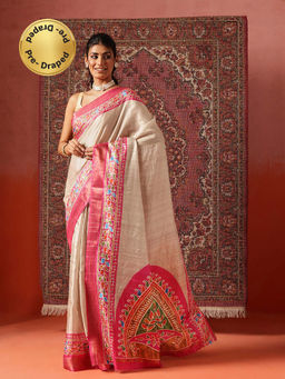Silk Land - Women Beige Floral Printed Kotha Silk Ready To Wear Saree with Unstitched Blouse