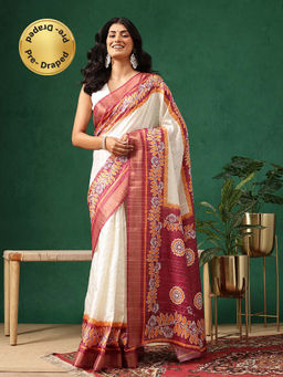 Silk Land - Women Off White Floral Printed Kotha Silk Ready To Wear Saree with Unstitched Blouse