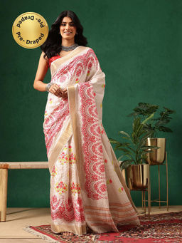 Silk Land - Women Beige Floral Printed Kotha Silk Ready To Wear Saree with Unstitched Blouse