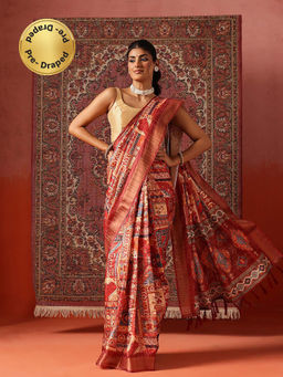 Silk Land - Women Maroon Floral Printed Kotha Silk Ready To Wear Saree with Unstitched Blouse