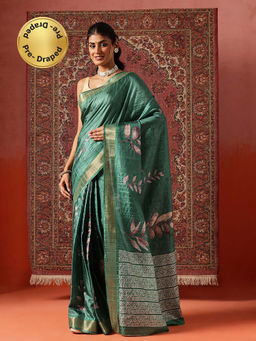 Silk Land - Women Green Floral Printed Kotha Silk Ready To Wear Saree with Unstitched Blouse