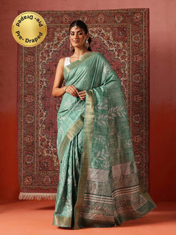 Silk Land - Women Green Floral Printed Kotha Silk Ready To Wear Saree with Unstitched Blouse