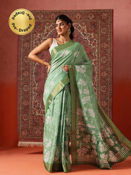 Silk Land - Women Green Floral Printed Kotha Silk Ready To Wear Saree with Unstitched Blouse