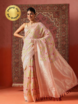 Silk Land - Women Pink Dhakai Cotton Jamdani Ready To Wear Saree with Unstitched Blouse