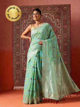 Silk Land - Women Green Dhakai Cotton Jamdani Ready To Wear Saree with Unstitched Blouse