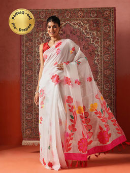 Silk Land - Women White Dhakai Cotton Jamdani Ready To Wear Saree with Unstitched Blouse