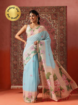 Silk Land - Women Blue Digital Floral Printed Chanderi Ready To Wear Saree with Unstitched Blouse