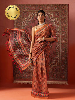 Silk Land - Women Brown Digital Floral Printed Chanderi Ready To Wear Saree with Unstitched Blouse