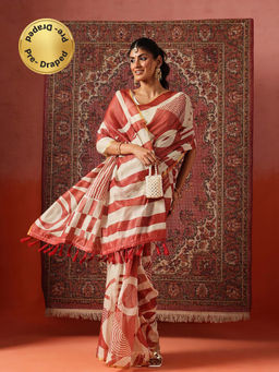 Silk Land - Women Red Digital Printed Chanderi Ready To Wear Saree with Unstitched Blouse