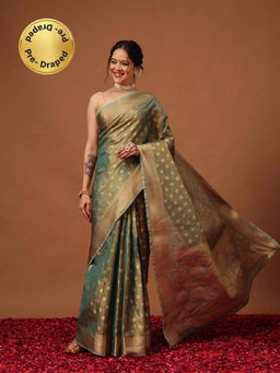 Silk Land - Kanjivaram Teal Tissue Silk Zari Ready To Wear Saree with Unstitched Blouse