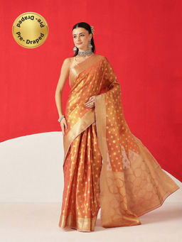 Silk Land - Peach Tissue Woven Pre Draped Saree with Unstitched Blouse