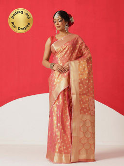 Silk Land - Pink Tissue Woven Pre Draped Saree with Unstitched Blouse
