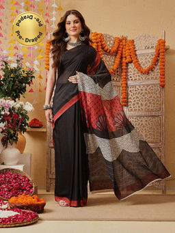 Silk Land - Black Digital Printed Soft Mal Cotton Ready To Wear Saree with Unstitched Blouse
