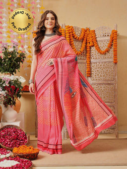 Silk Land - Pink Mul Cotton Printed Ready To Wear Saree with Unstitched Blouse