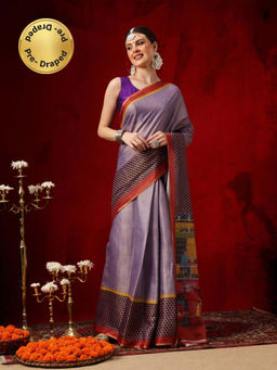 Silk Land - Purple Cotton Silk Printed Ready To Wear Saree with Unstitched Blouse