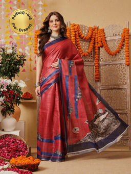 Silk Land - Red Cotton Silk Printed Ready To Wear Saree with Unstitched Blouse