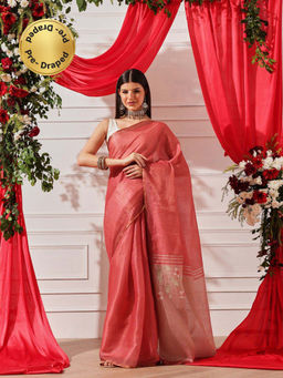 Silk Land - Red Cotton Silk Floral Printed Ready To Wear Saree with Unstitched Blouse